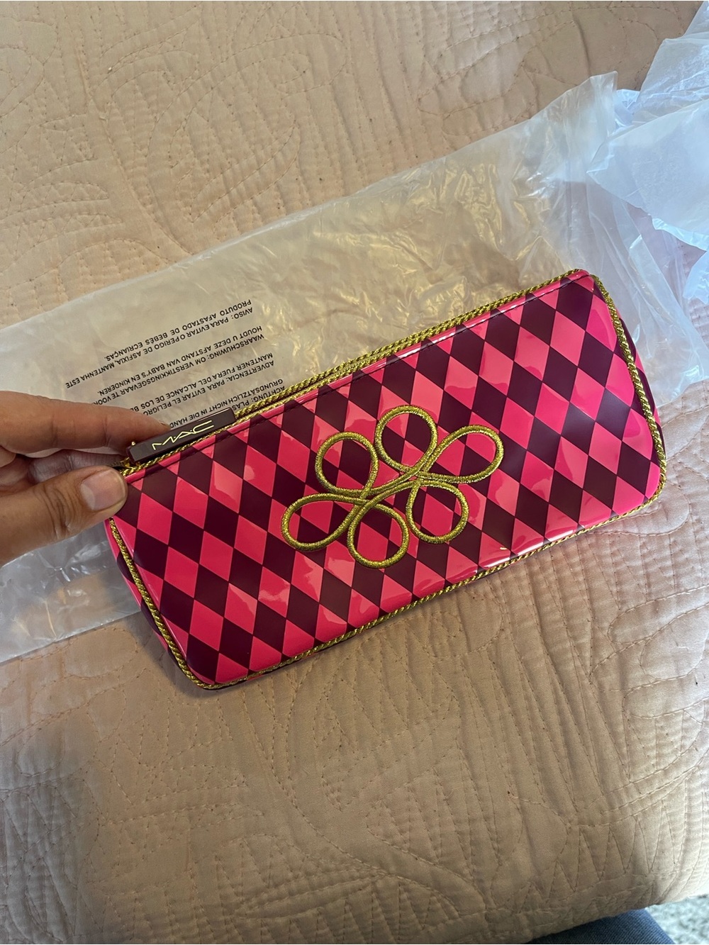 MAC Cosmetics Pink and Dark Pink Diamond-Pattern Cosmetic Clutch with Gold Trim